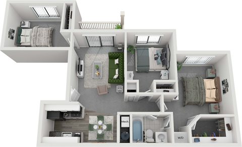 Floor plan for 3 beds, 1 bath, 975 sqft